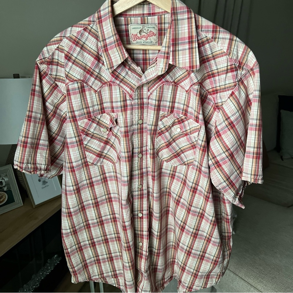 Wrangler Mens Short Sleeve Snap Close Red/white/orange/silver Plaid Shirt Sz XL - Picture 2 of 16